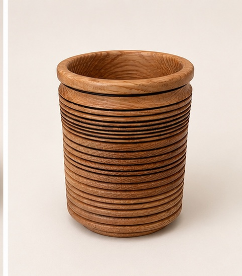 Tall ribbed oak vase with fine parallel grooves