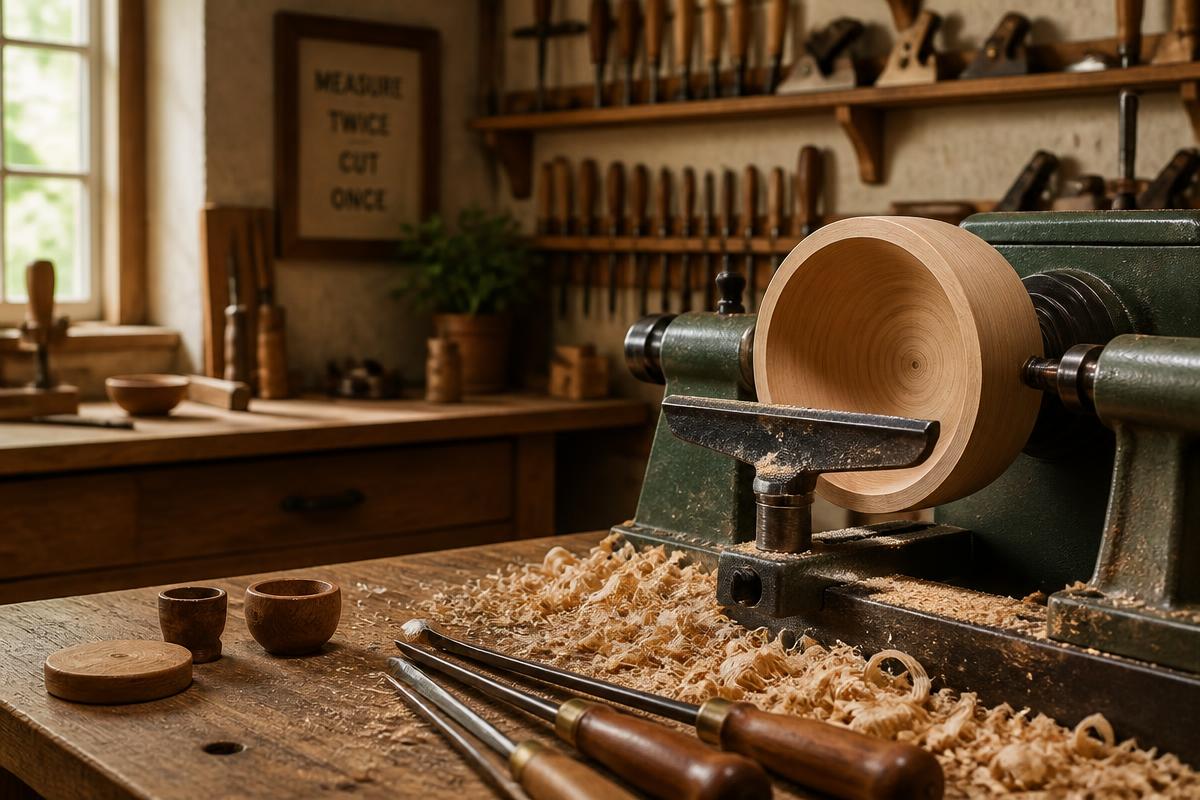 The backyard woodturning workshop with lathe and hand tools